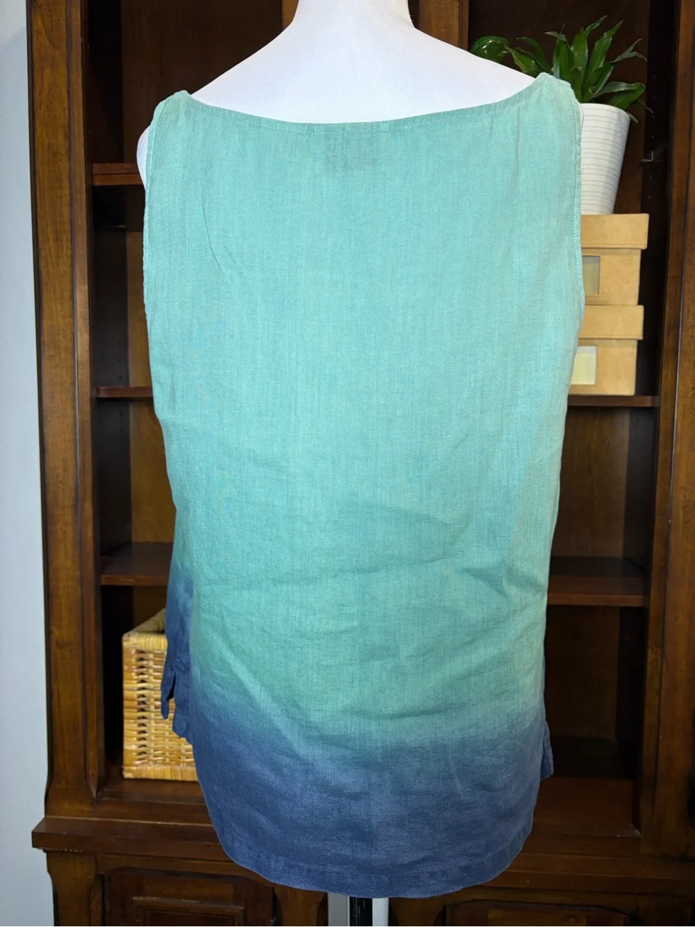 Dana Buchman 100% Linen Twinset Ombre Blue Green Coastal Grandma Cardigan Sz 12